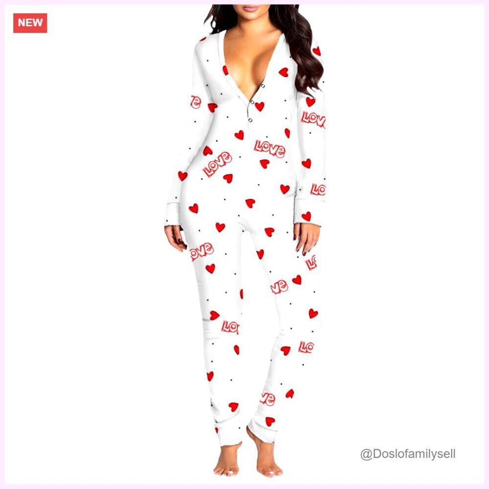 Deep V-Neck Button Bodycon Jumpsuit Long-Sleeve Valentines Pajama Onesie